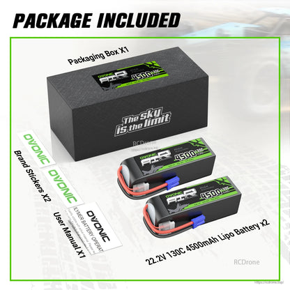 Package contents: 2x 22.2V 130C 4500mAh LiPo batteries, box, brand stickers, user manual