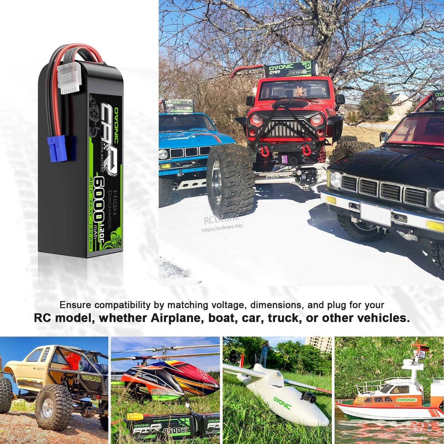 RC vehicle and model applications collage for LiPo battery packs, including cars, aircraft, and boats
