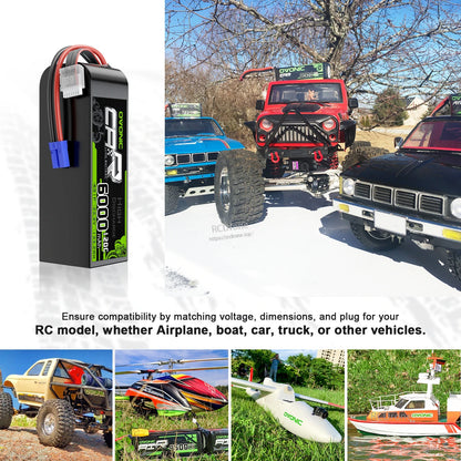 RC vehicle and model applications collage for LiPo battery packs, including cars, aircraft, and boats