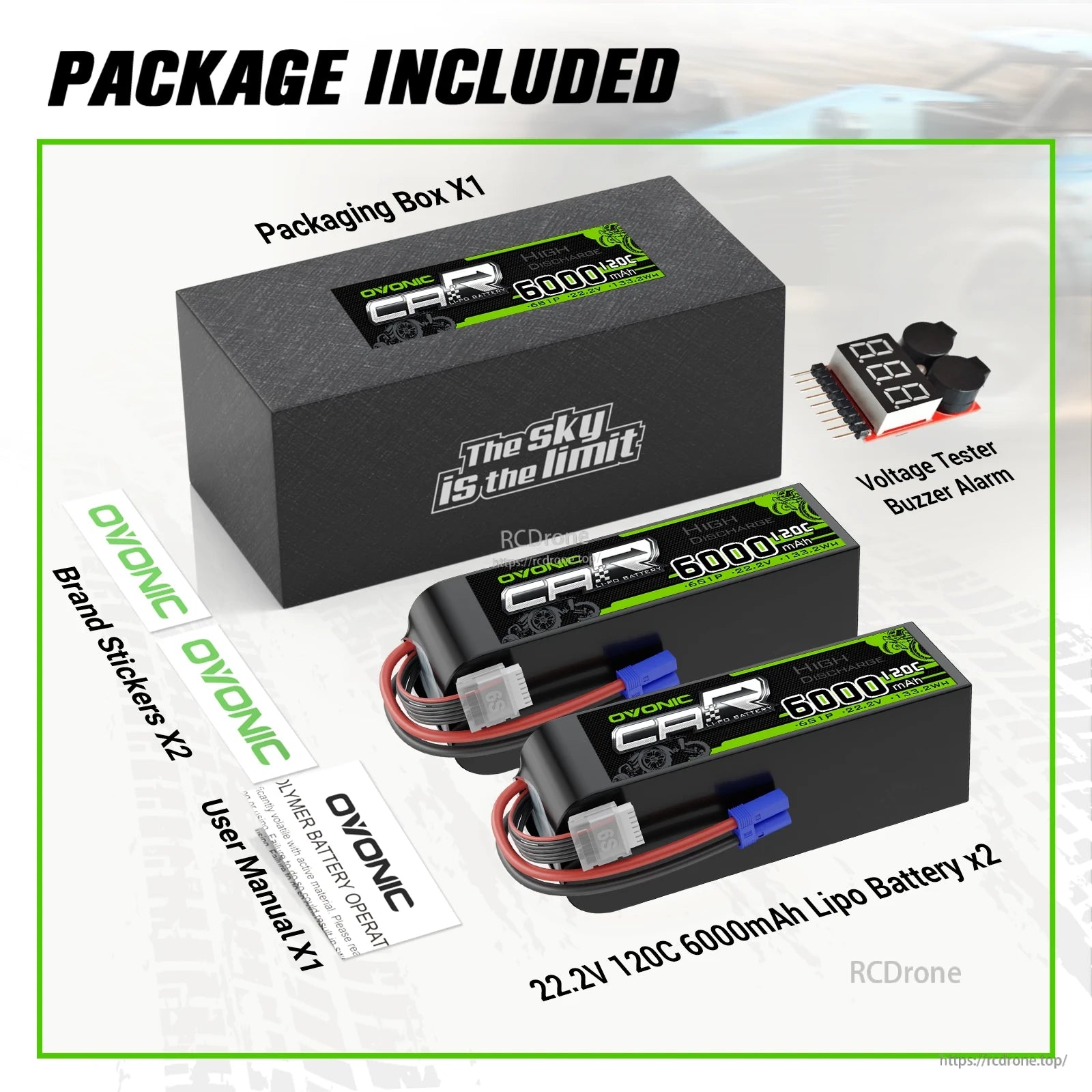 Package contents: two 22.2V 6000mAh 120C LiPo batteries, box, voltage tester buzzer alarm, stickers, manual