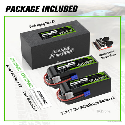 Package contents: two 22.2V 6000mAh 120C LiPo batteries, box, voltage tester buzzer alarm, stickers, manual