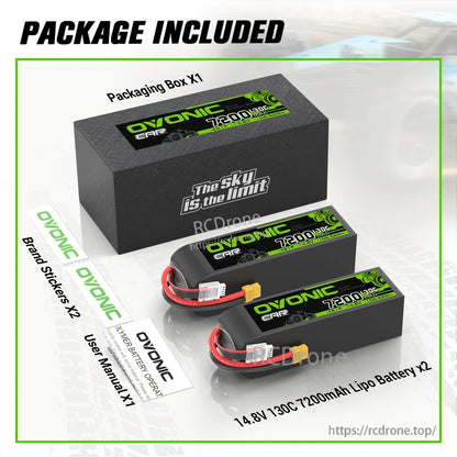 Package contents: two 14.8V 7200mAh 130C 4S LiPo batteries, box, brand stickers and user manual