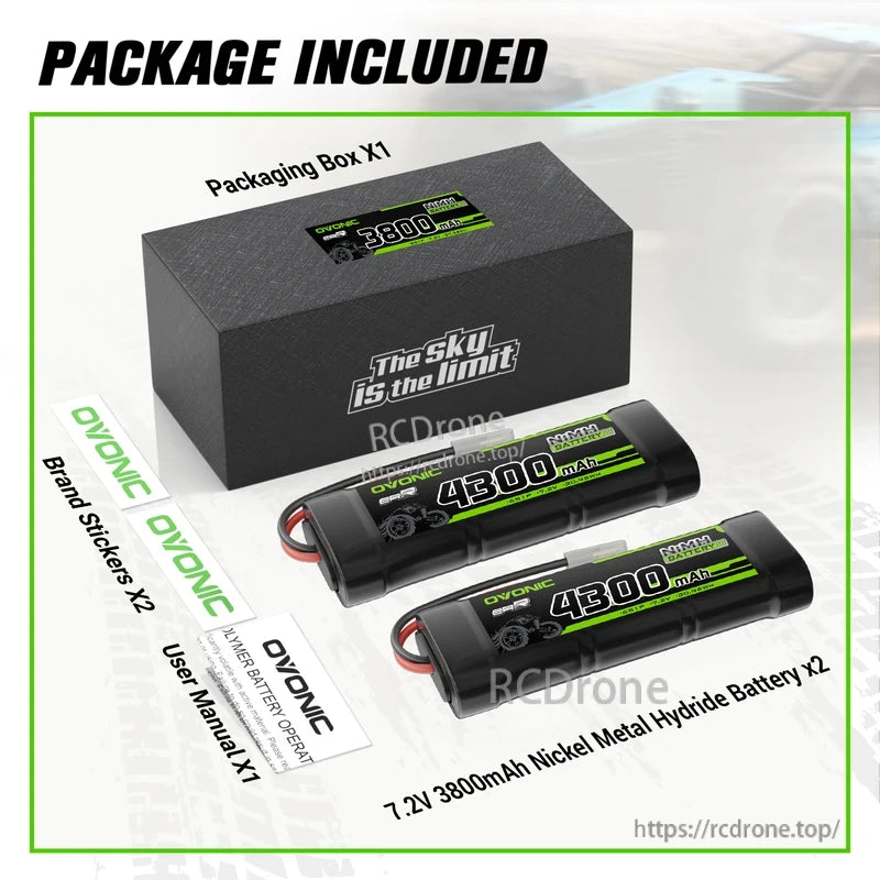 Package contents: 2 OVONIC 7.2V 3800mAh NiMH battery packs, box, user manual and brand stickers