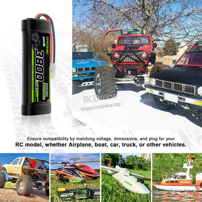 OVONIC 7.2V 3800mAh NiMH battery pack shown with RC car, truck, airplane, boat and helicopter use examples