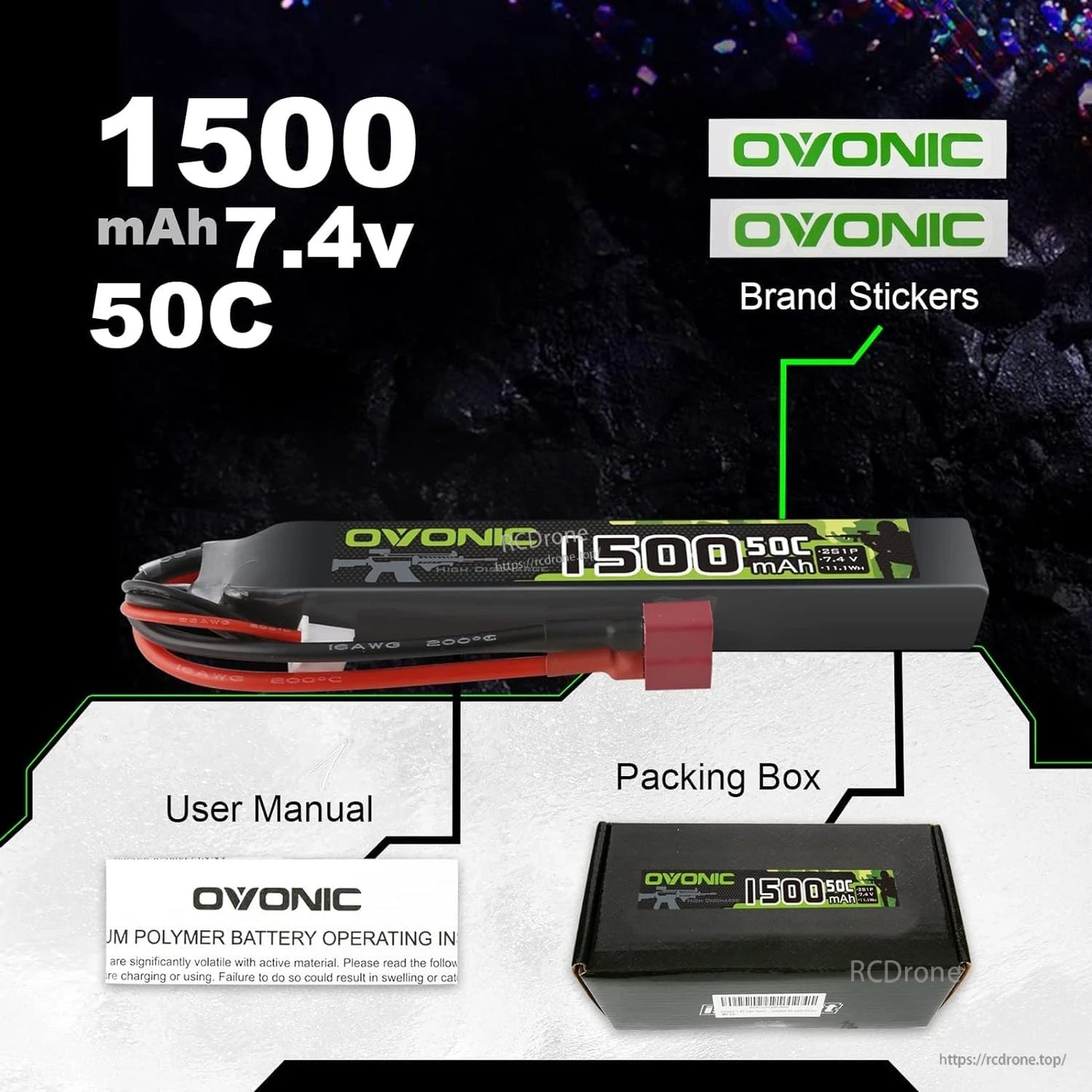 Package contents shown: 1500mAh 7.4V 50C battery, user manual, packing box, and OVONIC brand stickers