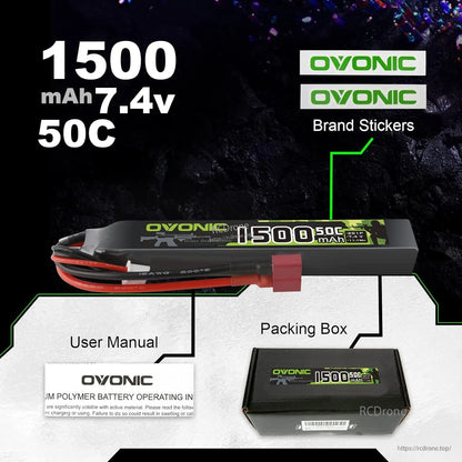 Package contents shown: 1500mAh 7.4V 50C battery, user manual, packing box, and OVONIC brand stickers