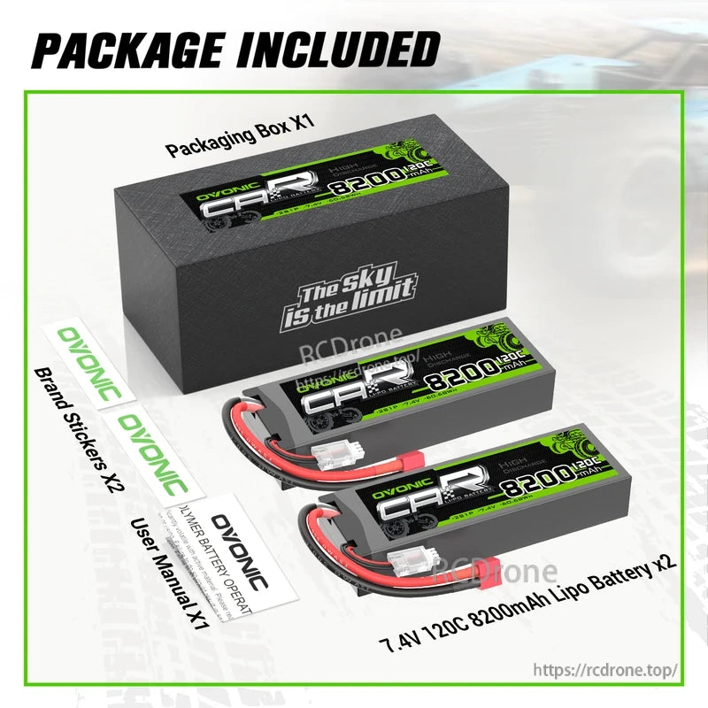 Package contents: OVONIC 7.4V 8200mAh 120C LiPo battery x2, packaging box, brand stickers x2, user manual