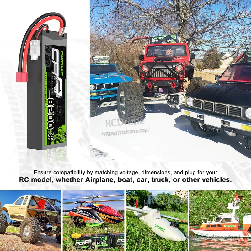 OVONIC 8200mAh 2S LiPo battery shown for RC vehicle applications with car, boat, airplane, helicopter collage
