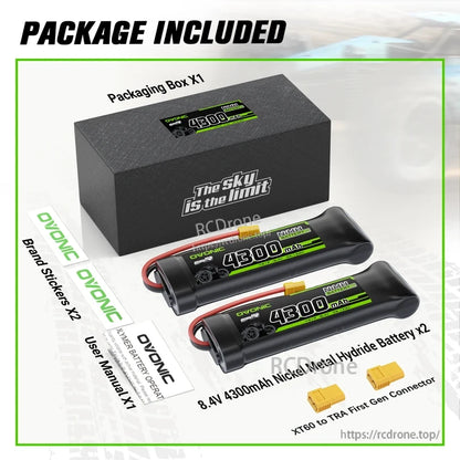 Package contents: 2x OVONIC 8.4V 4300mAh NiMH battery packs, box, stickers, manual, XT60 to TRX adapter