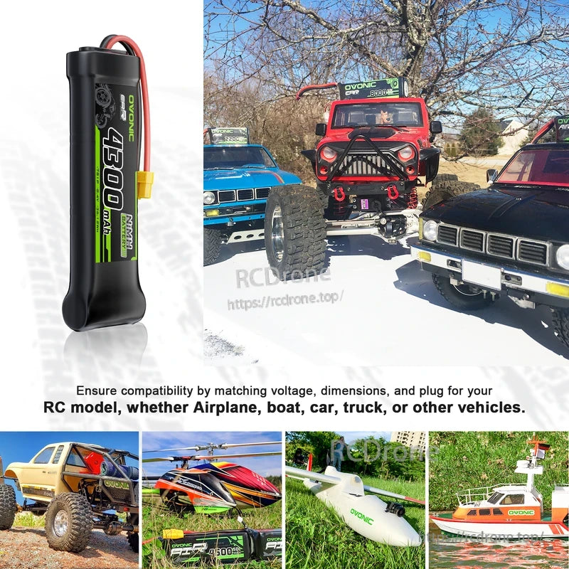 OVONIC NiMH RC battery use case collage with off-road cars, airplane, boat, and helicopter examples