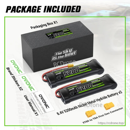Package contents: two OVONIC 8.4V 5200mAh NiMH battery packs, XT60 to TRX adapter, box, stickers and manual