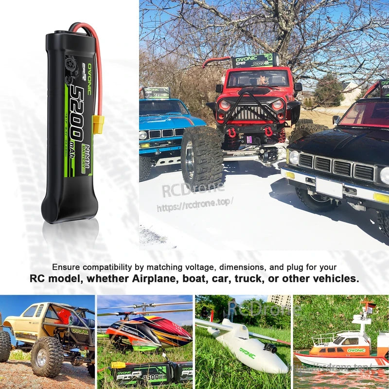 RC vehicle and model collage showing OVONIC NiMH battery installed/used for cars, trucks, boats, planes and helicopters