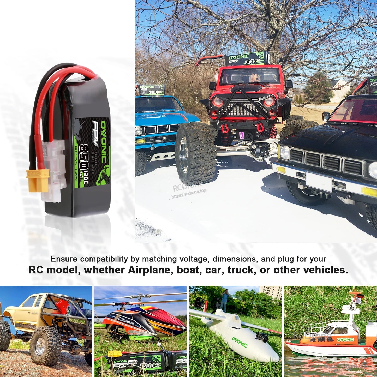 LiPo battery use case collage for RC models, cars, trucks, boat and aircraft; match voltage and plug