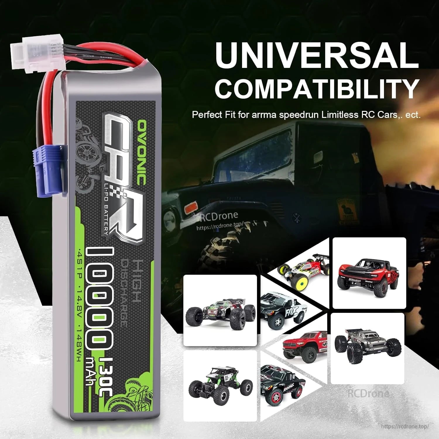 Universal compatibility graphic with OVONIC LiPo battery beside images of RC cars and trucks