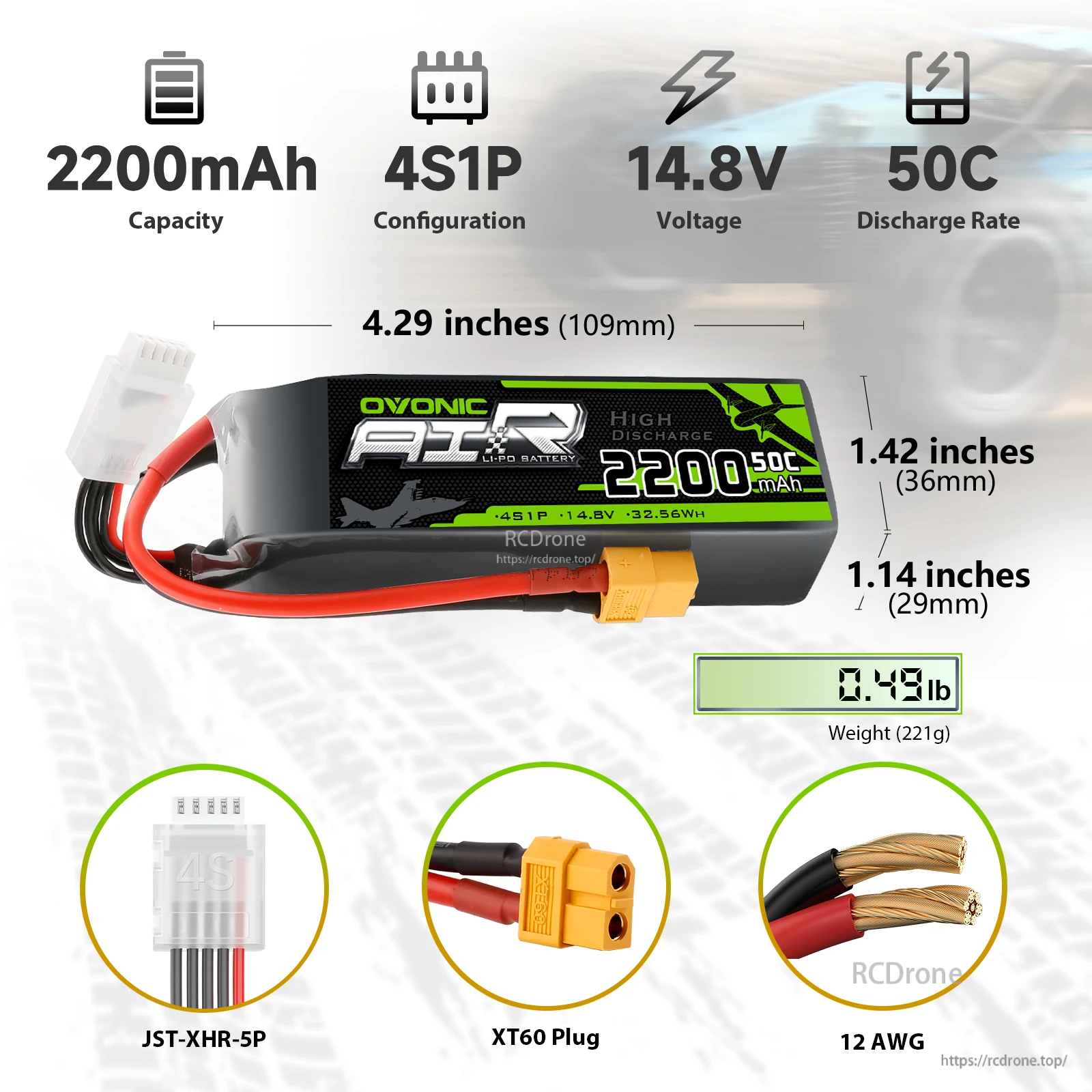 OVONIC 2200mAh 4S 14.8V 50C LiPo battery with XT60 plug, JST-XHR-5P balance lead and size specs