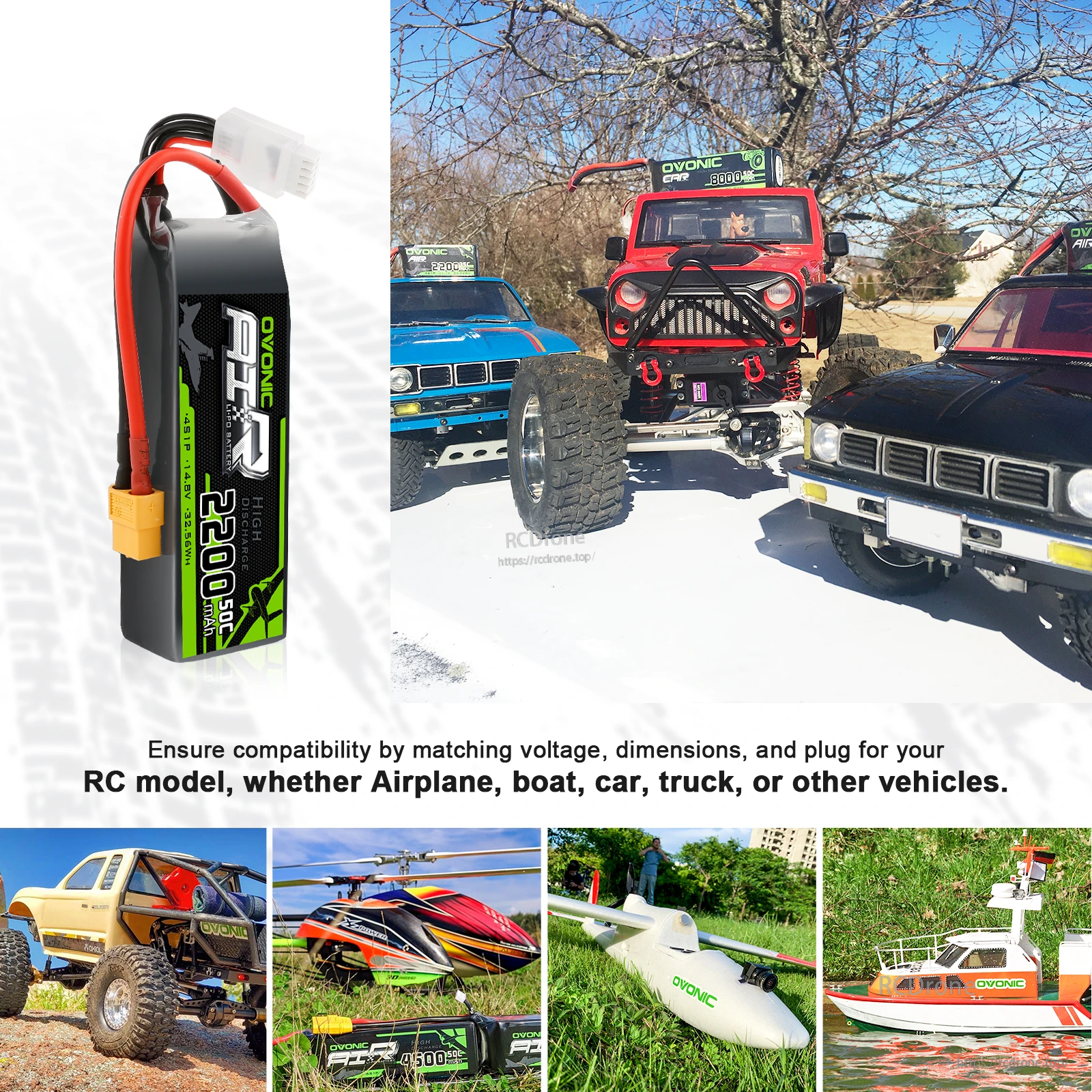 OVONIC 2200mAh 4S LiPo battery application collage for RC airplane, boat and RC vehicles; fitment depends on plug and size