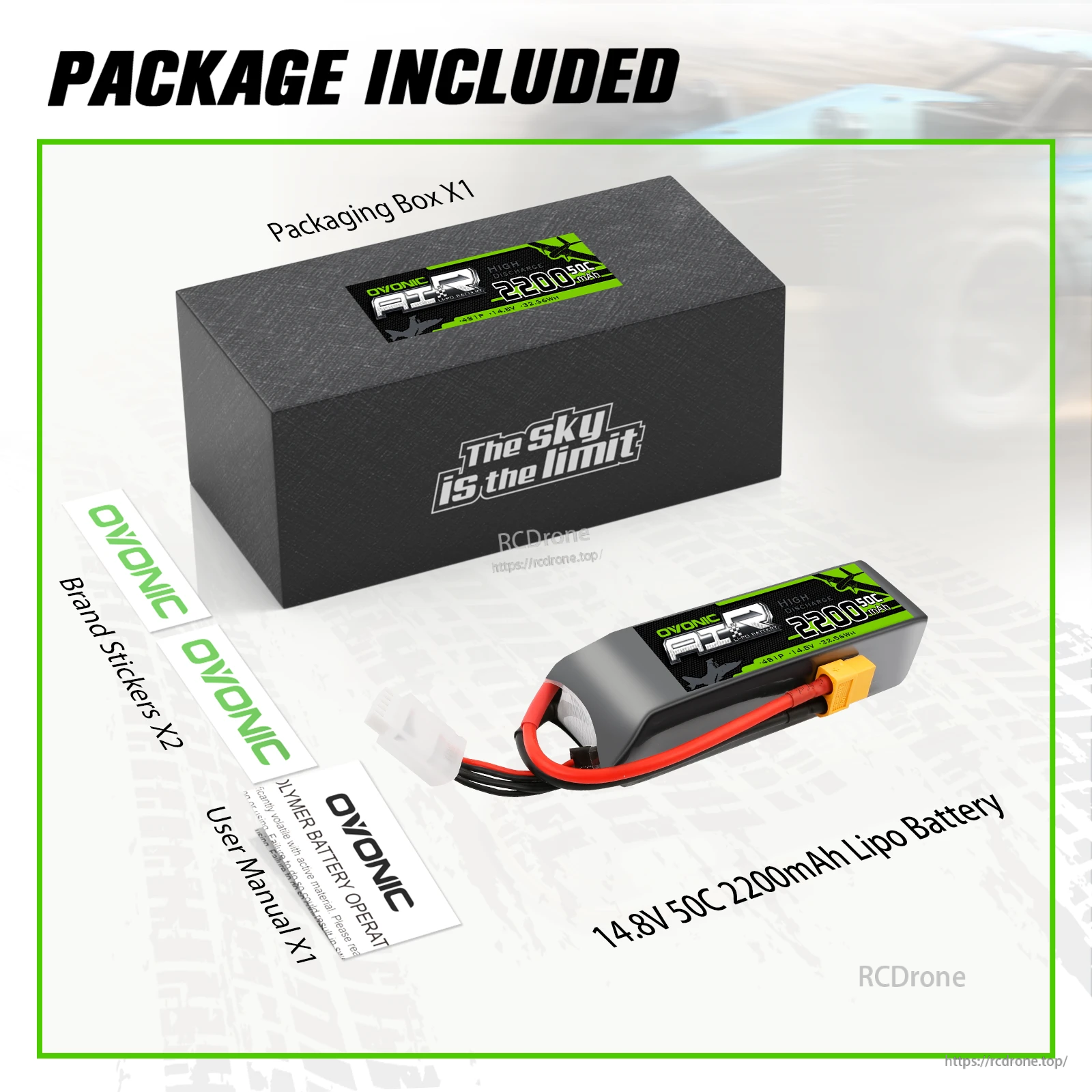 Package contents: OVONIC 14.8V 50C 2200mAh LiPo battery, packaging box, user manual and brand stickers