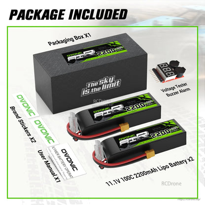 Package contents: 2x 11.1V 100C 2200mAh LiPo batteries, voltage tester buzzer, stickers, manual and box