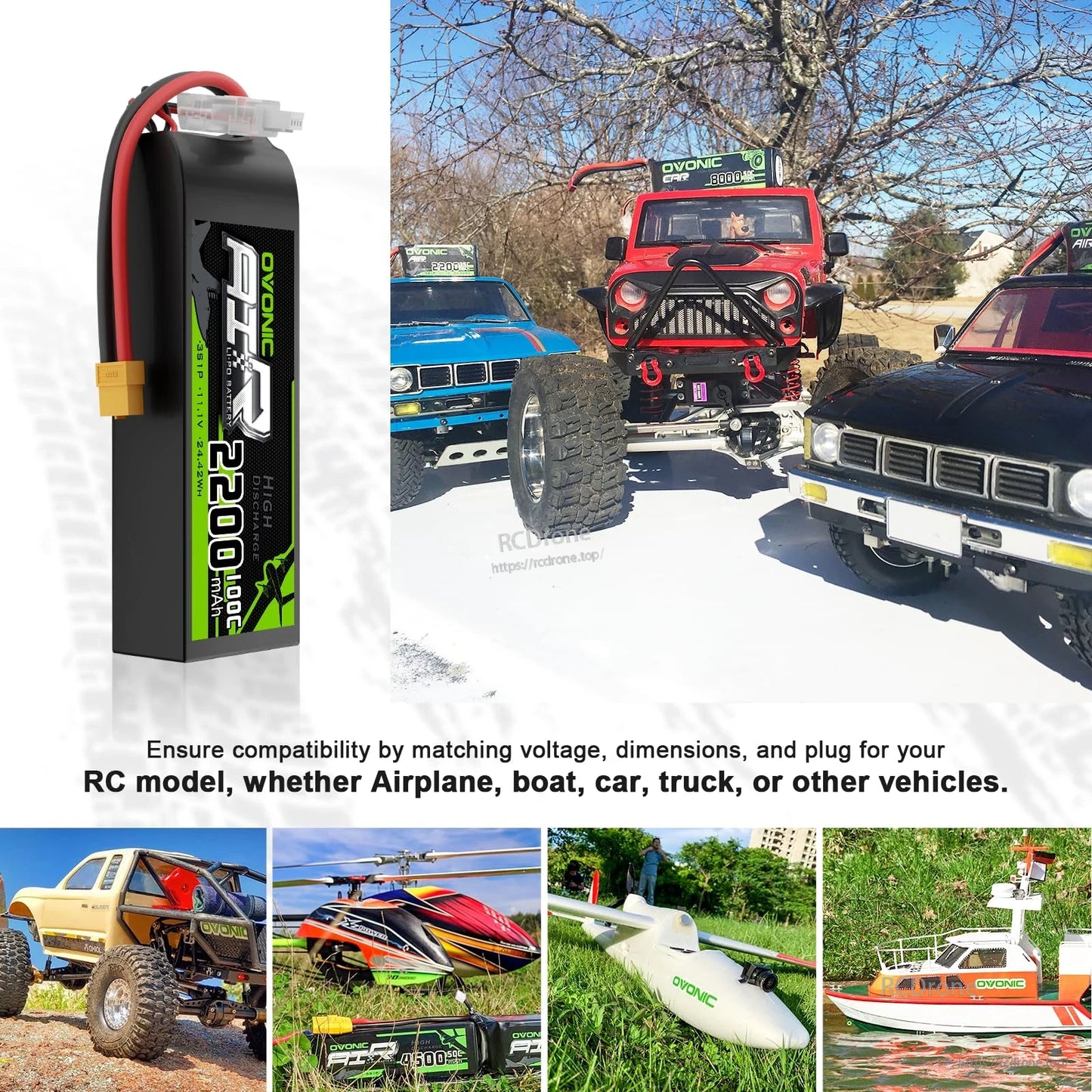 OVONIC 2200mAh 3S LiPo battery shown with RC car, truck, helicopter, plane and boat application collage