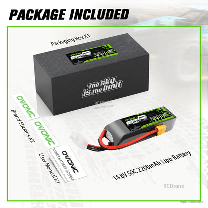 Package contents: OVONIC 4S 2200mAh LiPo battery, branded box, stickers and user manual