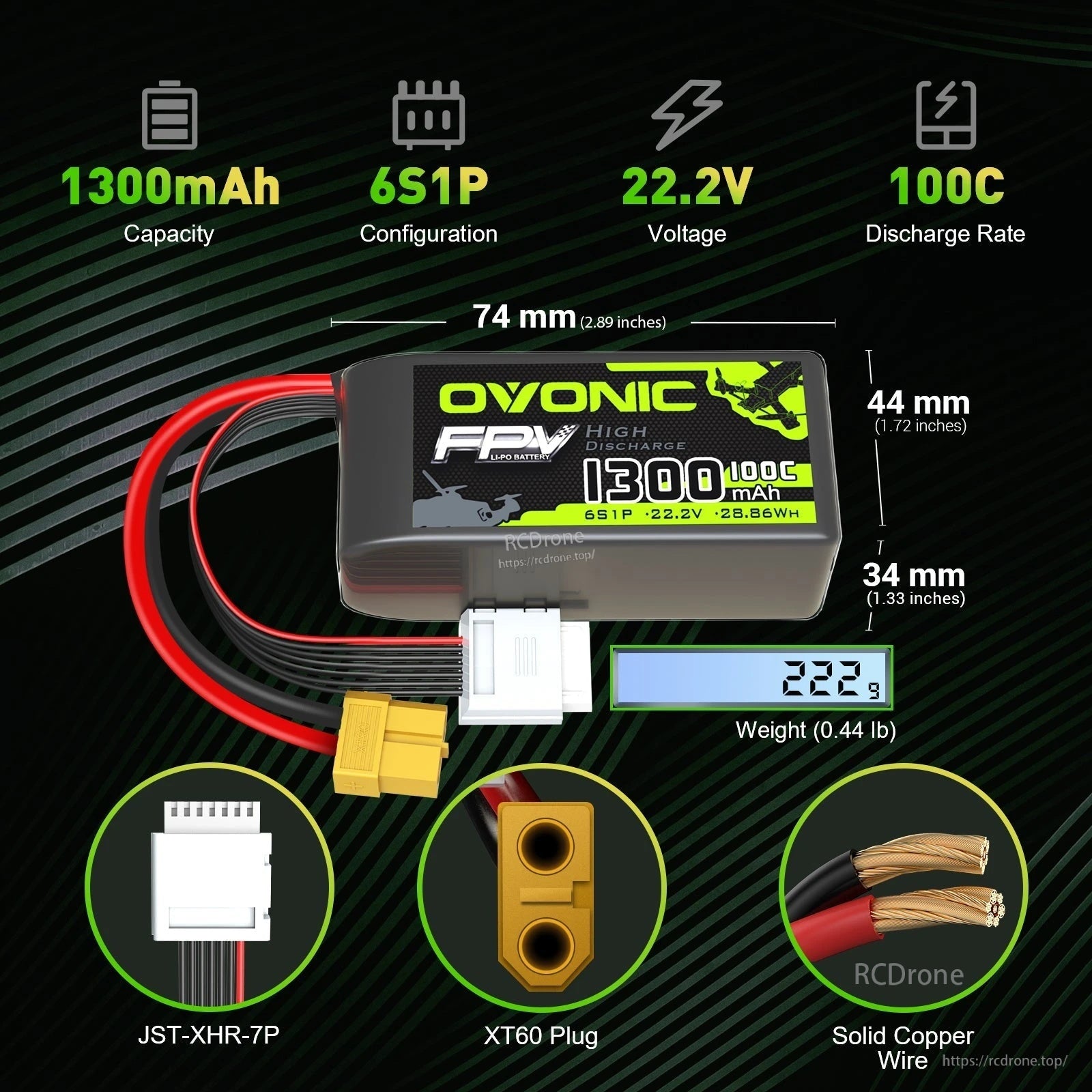 OVONIC 22.2V 6S 1300mAh 100C LiPo Battery specs graphic with dimensions, 222g weight, XT60 and JST-XHR-7P