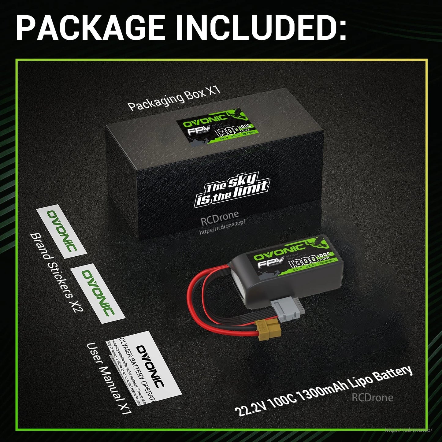 Package contents: OVONIC battery, packaging box, brand stickers, and user manual
