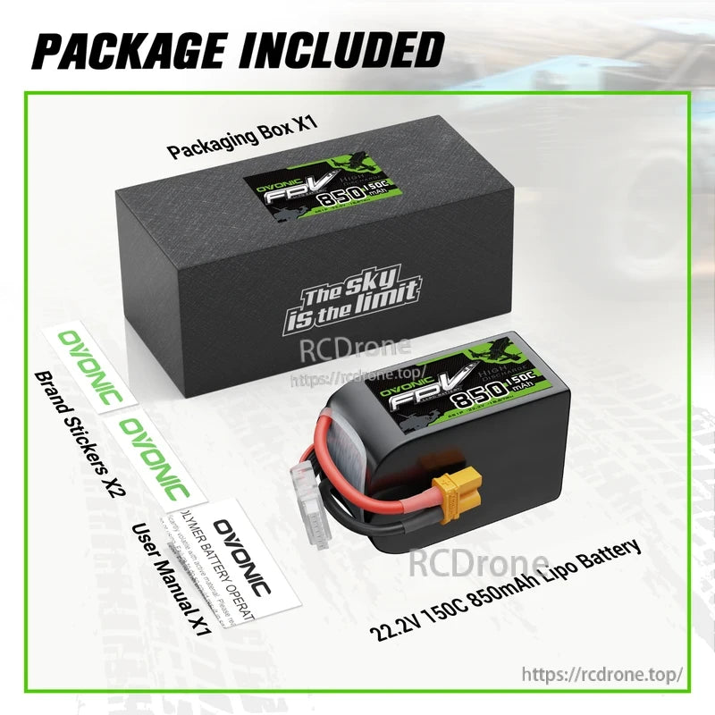 Package contents: OVONIC 22.2V 150C 850mAh LiPo battery, packaging box, brand stickers, and user manual