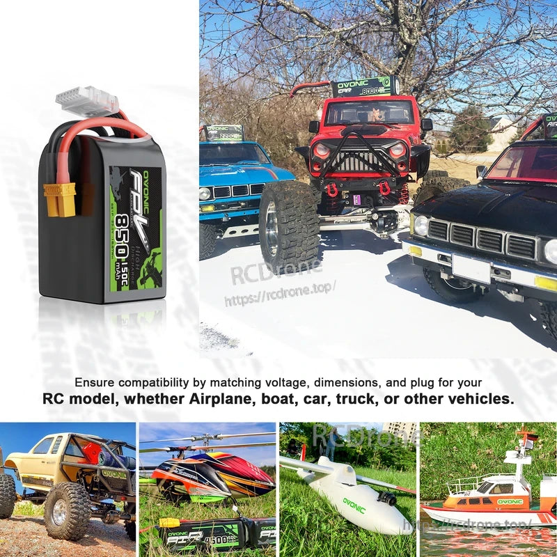 LiPo battery shown with RC vehicle and model collage, noting voltage, size, and plug matching for compatibility