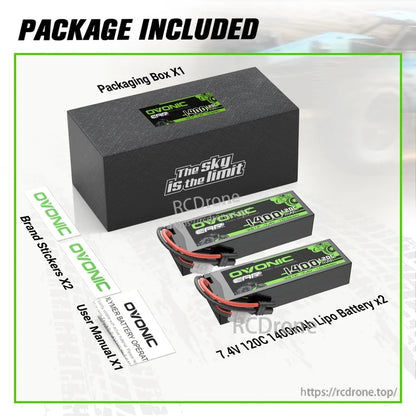 Package contents: two 7.4V 1400mAh 120C LiPo batteries, packaging box, brand stickers, and user manual