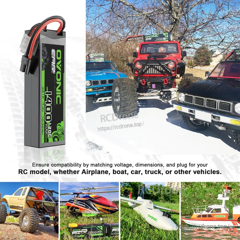Battery shown with RC vehicle and model examples; compatibility reminder for airplanes, boats, cars and trucks