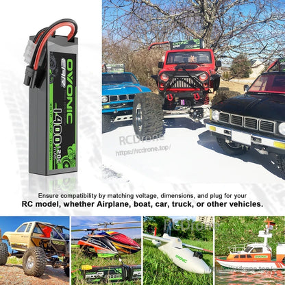 Battery shown with RC vehicle and model examples; compatibility reminder for airplanes, boats, cars and trucks