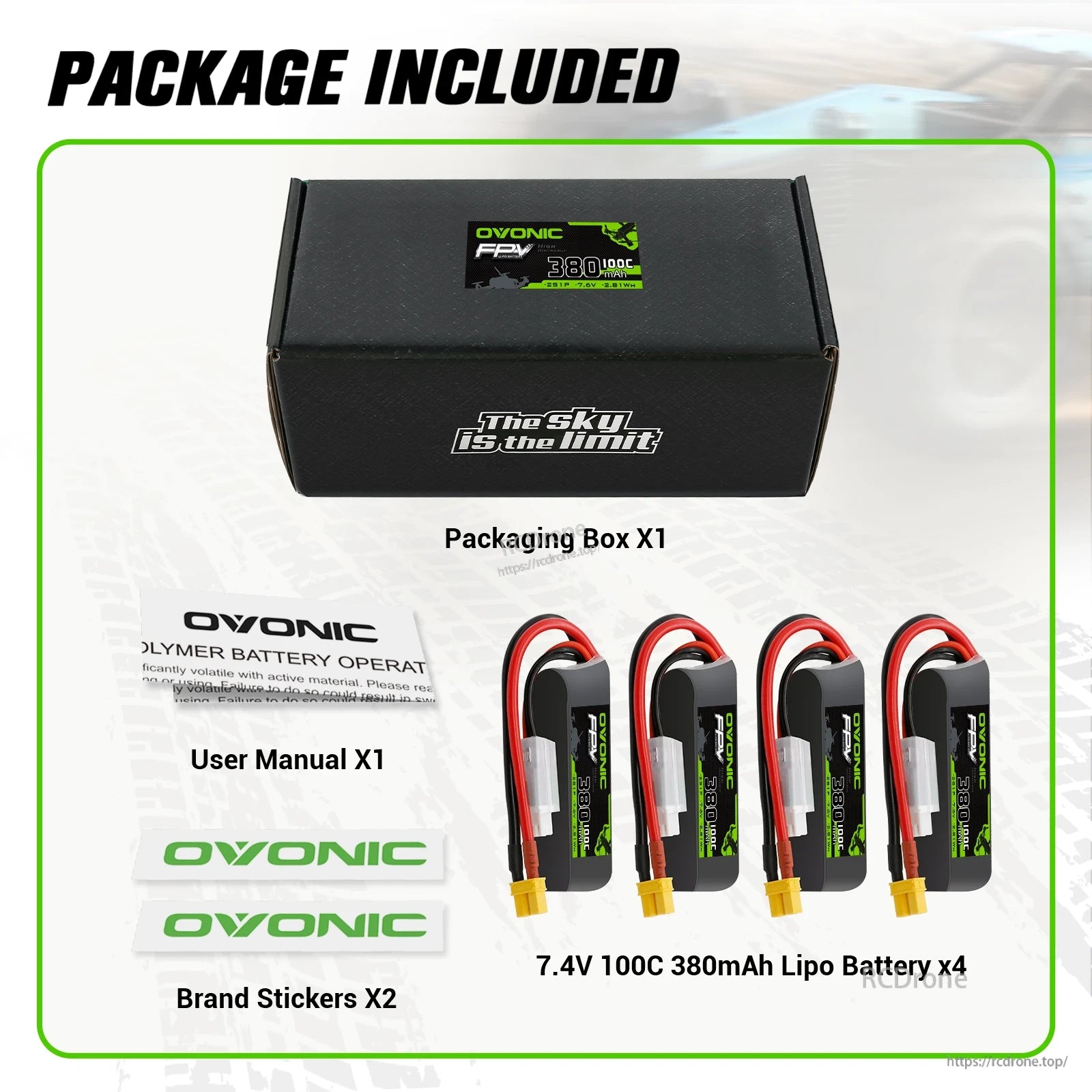 Four-pack battery package contents with box, user manual and two OVONIC stickers