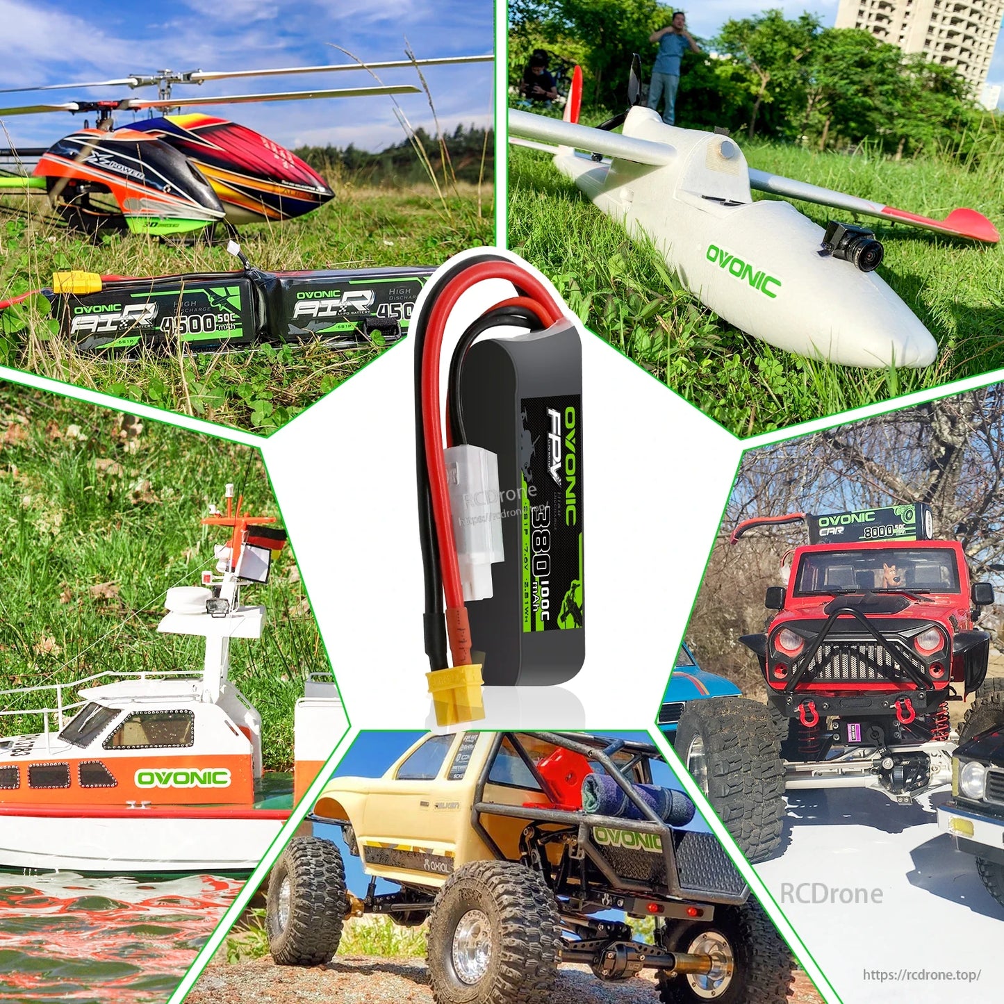 OVONIC battery shown with RC helicopter, airplane, boat and off-road vehicle applications
