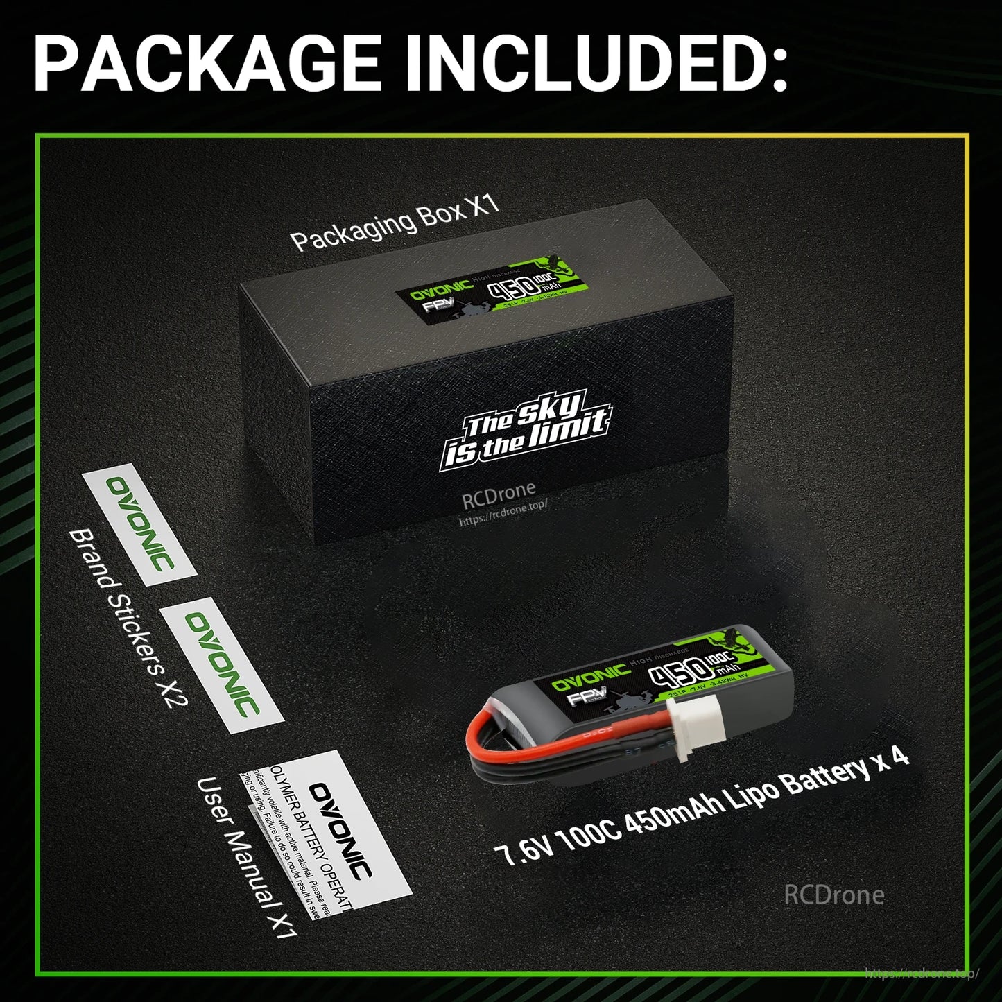 Package contents: OVONIC battery, packaging box, user manual, and brand stickers shown on black background