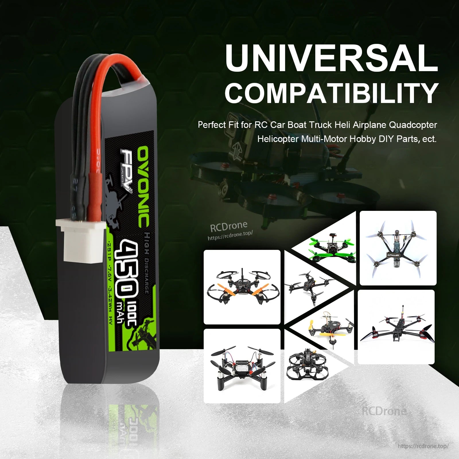 Universal compatibility graphic with OVONIC 450mAh LiHV battery shown next to quadcopter and RC models