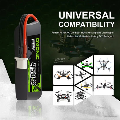 Universal compatibility graphic with OVONIC 450mAh LiHV battery shown next to quadcopter and RC models