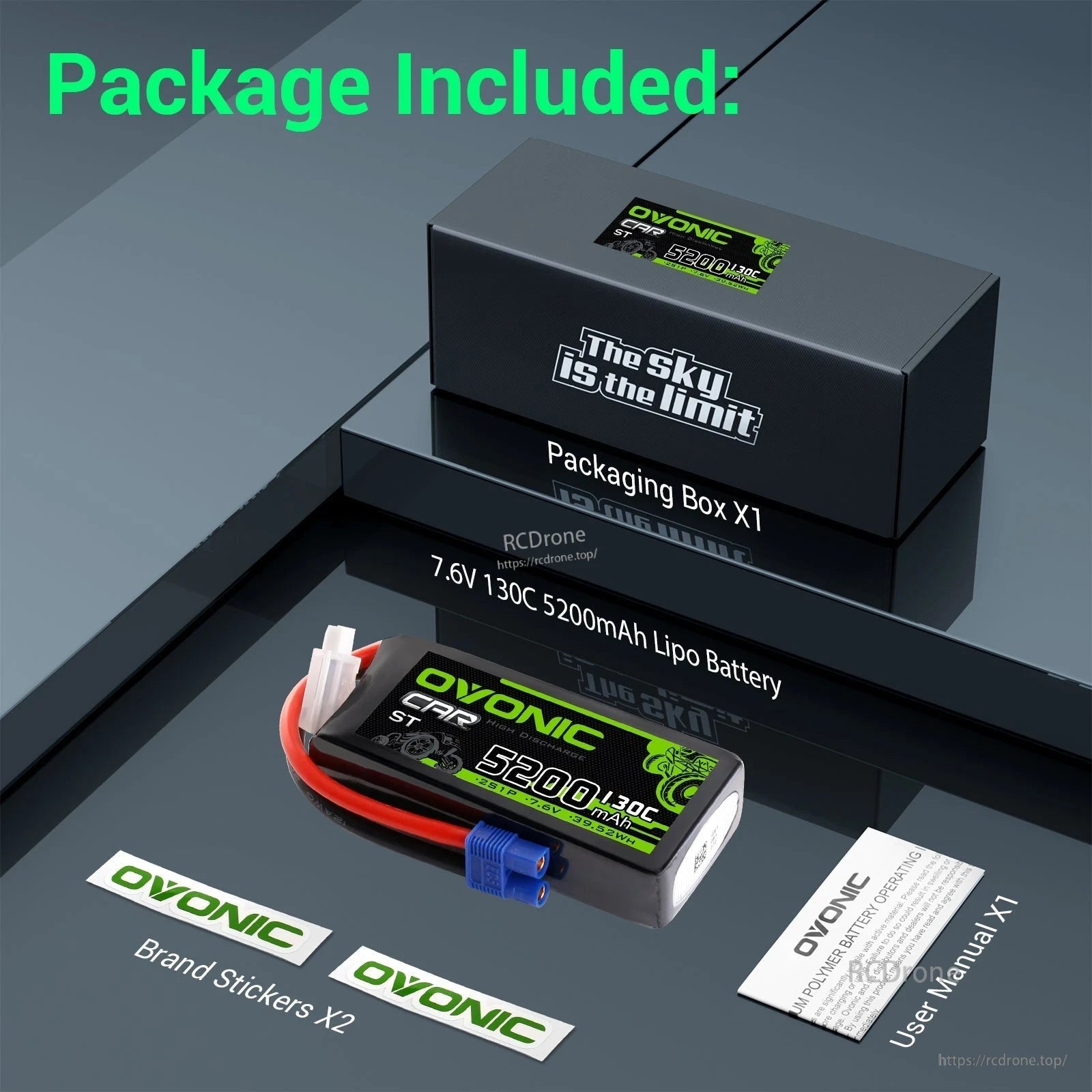 Package contents: OVONIC 7.6V 130C 5200mAh LiPo battery, packaging box, brand stickers, user manual