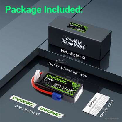 Package contents: OVONIC 7.6V 130C 5200mAh LiPo battery, packaging box, brand stickers, user manual