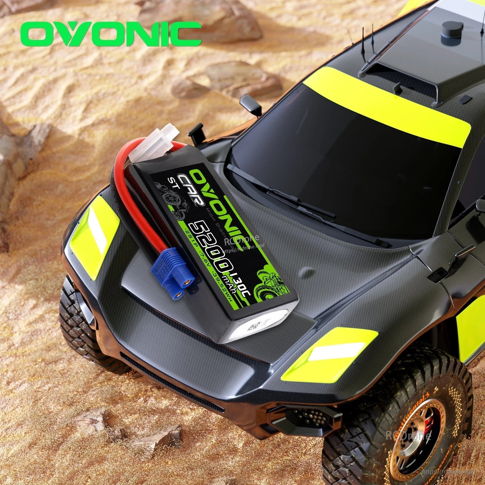 OVONIC shorty hardcase LiHV battery placed on RC truck body, EC3 connector and leads visible
