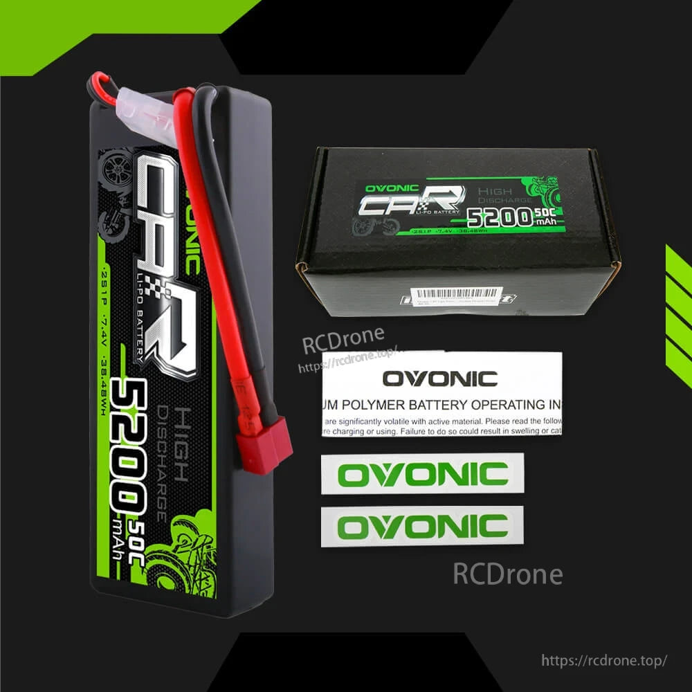 Package contents: OVONIC hardcase LiPo battery, retail box, safety sheet, and OVONIC stickers