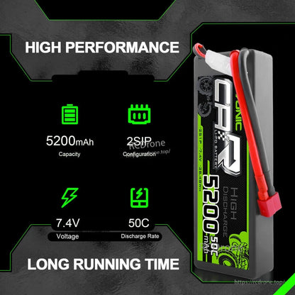 OVONIC 2S 5200mAh 50C 7.4V hardcase LiPo battery specs infographic (capacity, voltage, 50C)