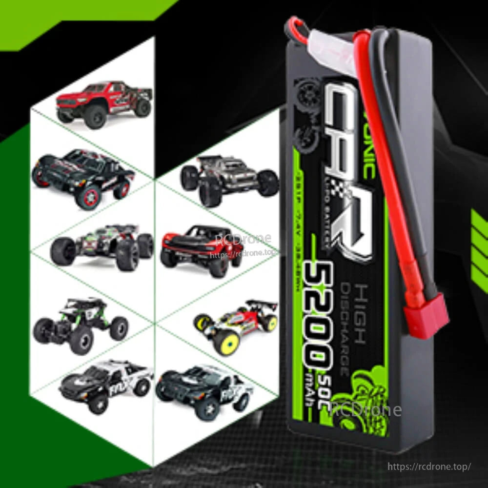 Application graphic showing hardcase LiPo battery for RC cars and trucks (multiple models)