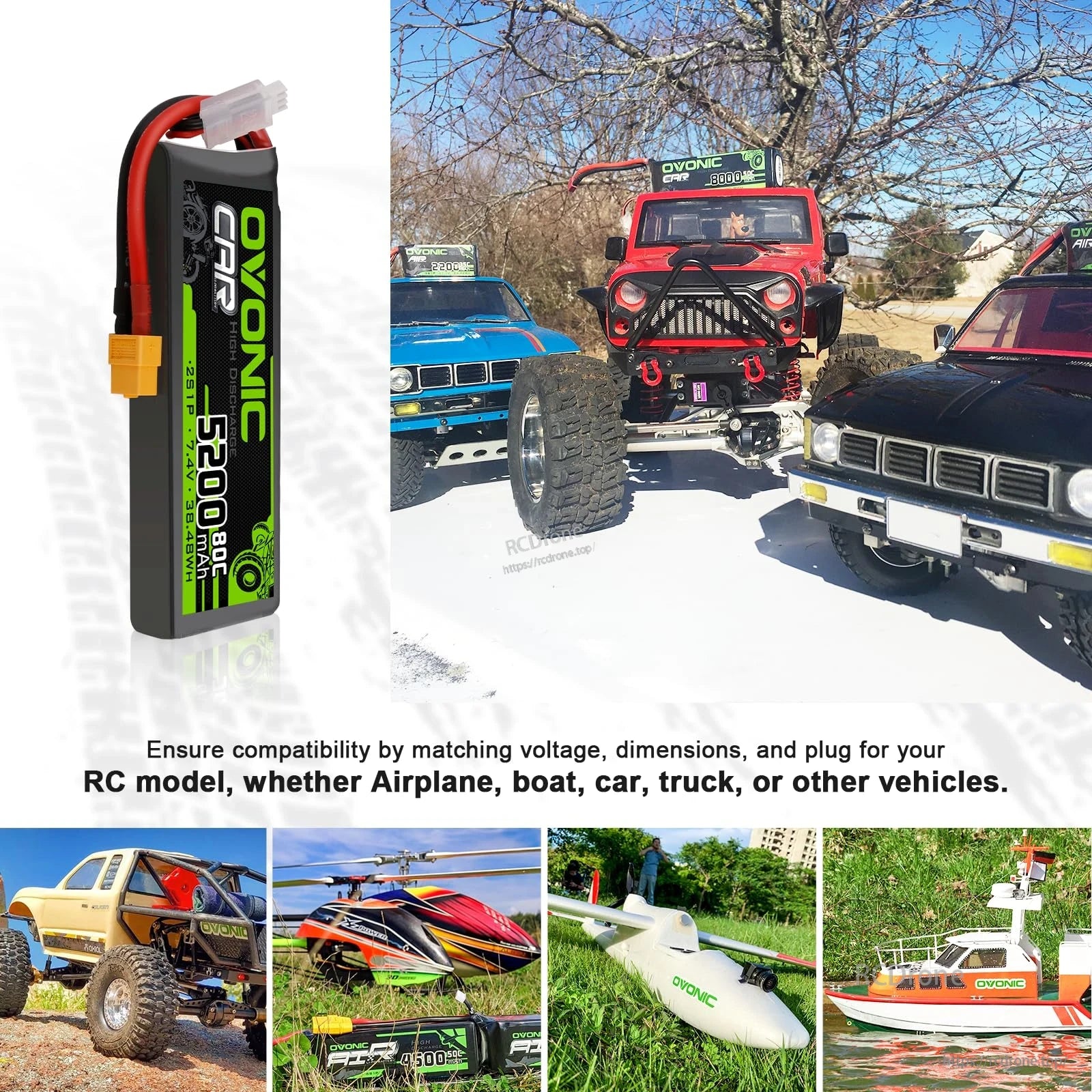 LiPo battery shown with RC car, truck, boat and airplane application examples