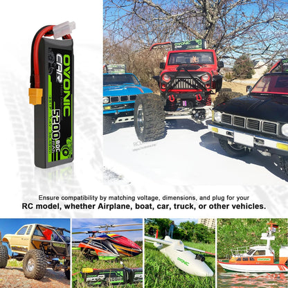 LiPo battery shown with RC car, truck, boat and airplane application examples