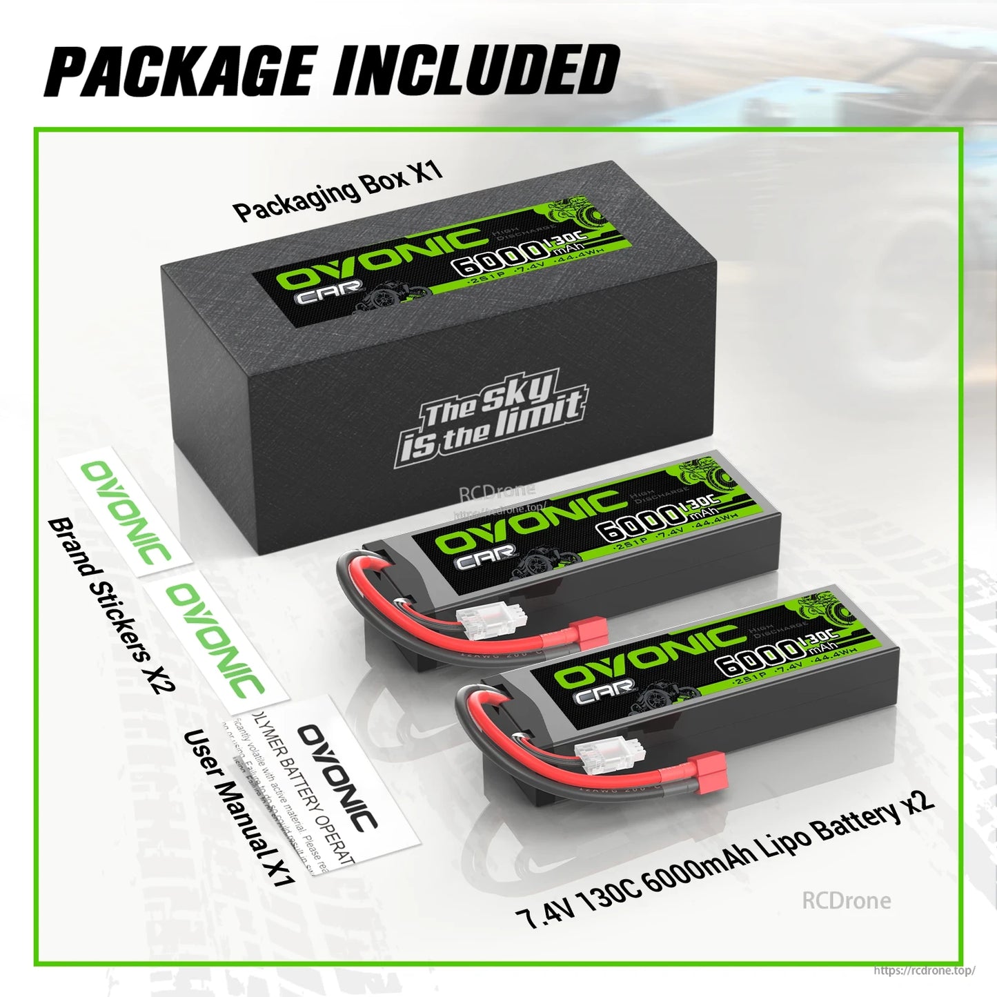 Package contents: OVONIC hardcase LiPo batteries x2, packaging box, brand stickers and user manual