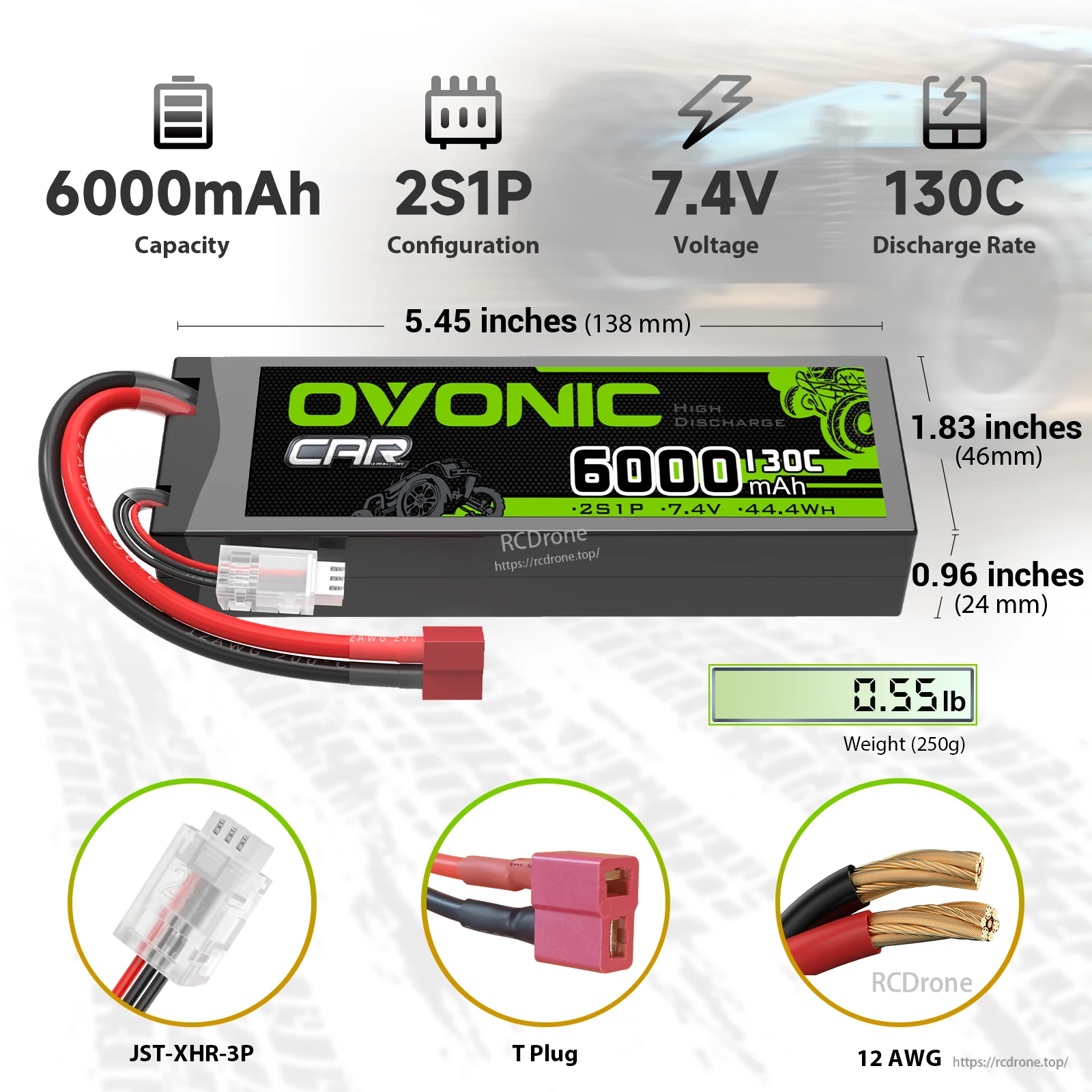 OVONIC 2S 6000mAh 7.4V 130C Hardcase LiPo Battery dimensions, weight, Deans T plug and JST-XHR balance lead