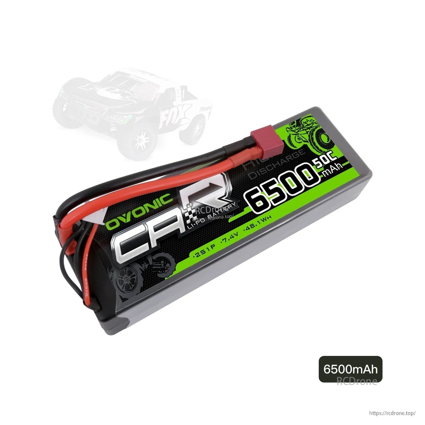 Angled top view of hardcase LiPo battery with wiring and Deans connector, 6500mAh label visible