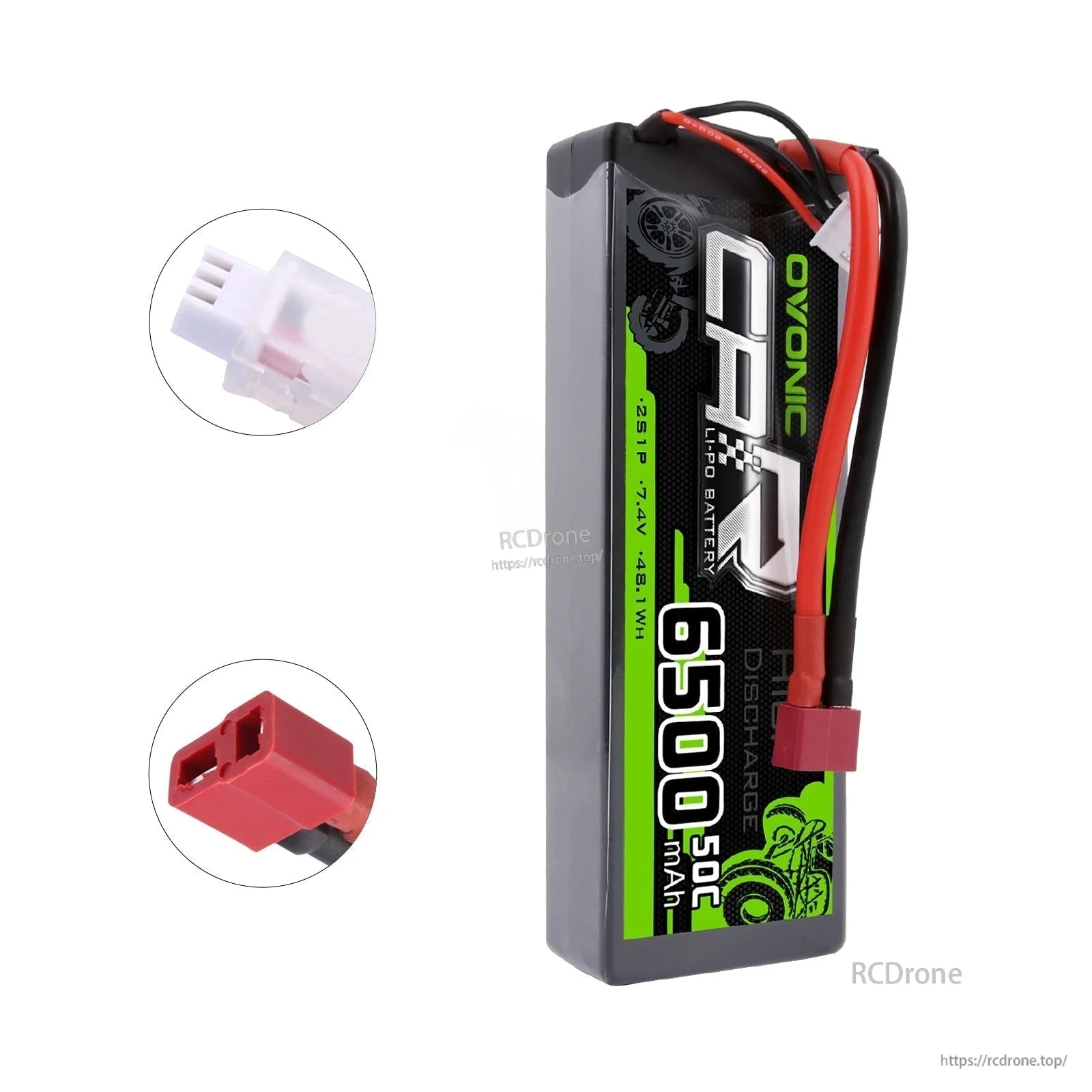 Side view hardcase LiPo pack showing Deans discharge connector and JST-XHR balance plug close-ups