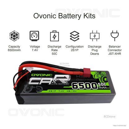 OVONIC 2S 6500mAh 50C 7.4V hardcase LiPo battery with spec icons, Deans plug and JST-XHR balance lead