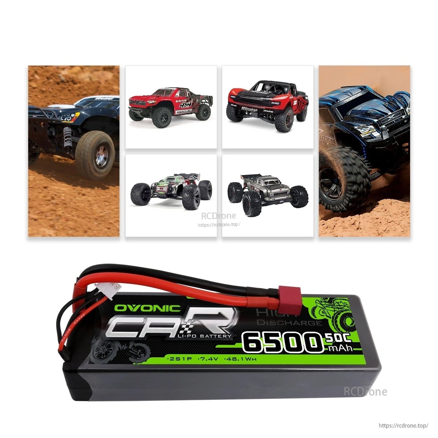 Hardcase LiPo battery displayed with collage of compatible RC cars and trucks in action